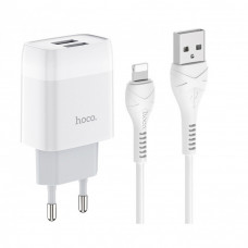 Home Charger 2.4A 2U Lightning Cable (1m) Hoco C73A — White