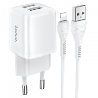 Home Charger 2.4A 2U Lightning Cable (1m) Hoco N8 — White