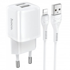 Home Charger 2.4A 2U Lightning Cable (1m) Hoco N8 — White