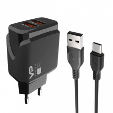 Home Charger 2.4A 2U USB C Cable (1m) Veron VR-C12C — Black