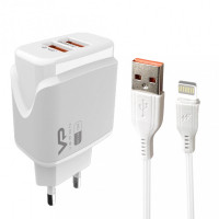 Home Charger 2.4A 2U Lightning Cable (1m) Veron VR-C12L — White